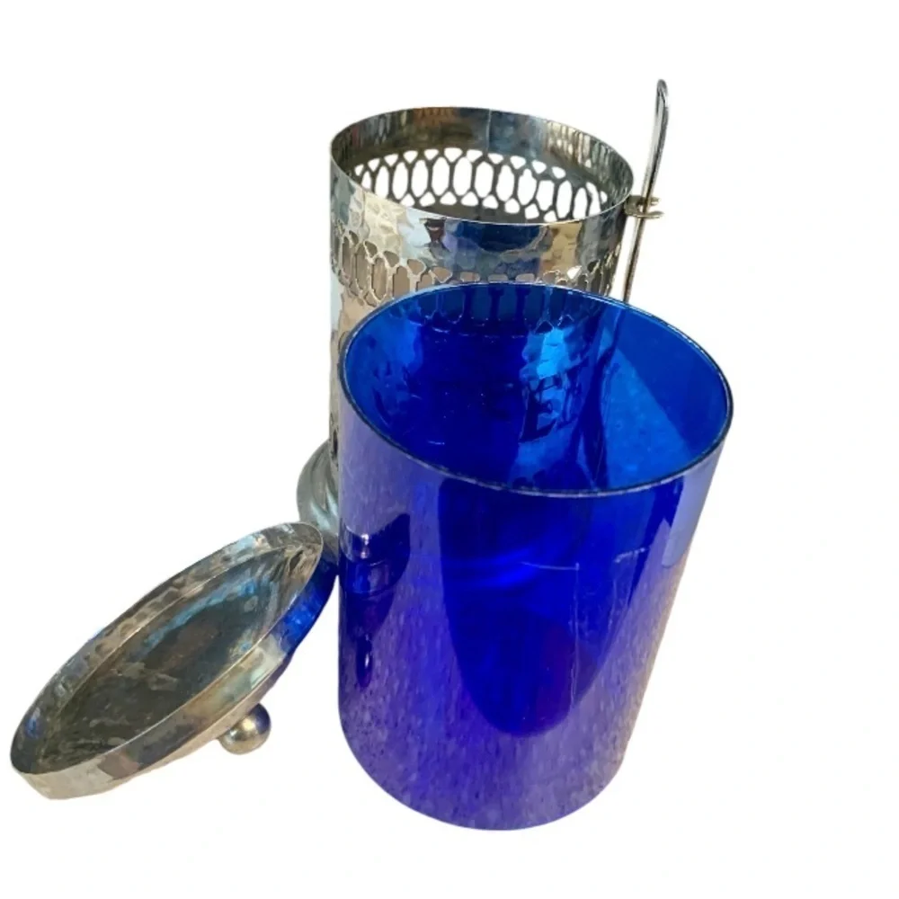 🌺VINTAGE SHEFFIELD ENGLAND SILVER PLATED COBALT LIDDED COFFEE CANISTER W/SPOON - Picture 6 of 16